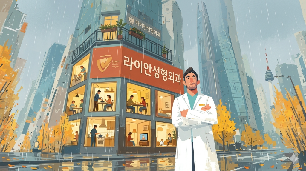 Illustration of a Korean plastic surgeon standing confidently in front of Lian Plastic Surgery clinic in Gangnam Seoul with city skyscrapers