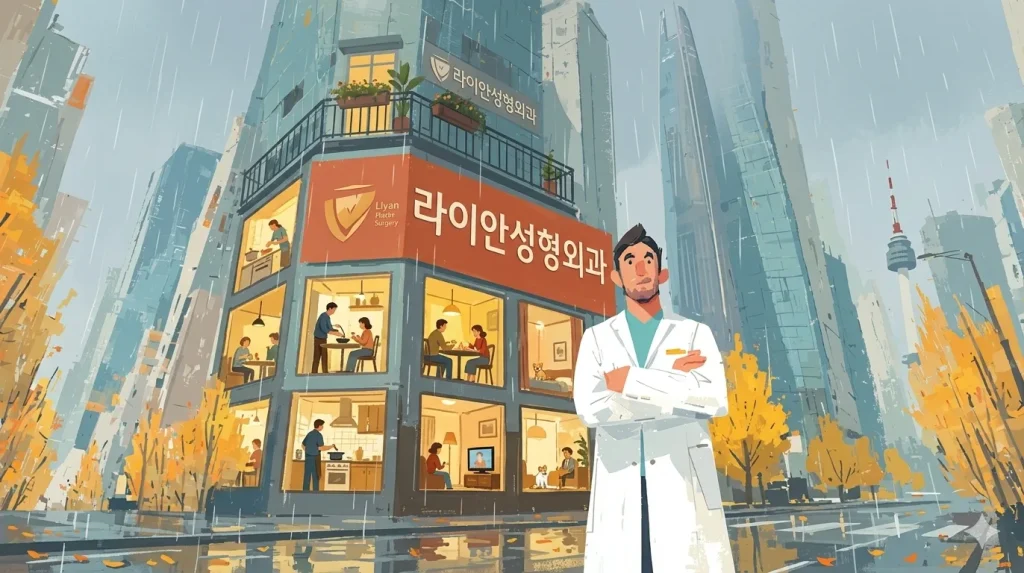 Illustration of a Korean plastic surgeon standing confidently in front of Lian Plastic Surgery clinic in Gangnam Seoul with city skyscrapers