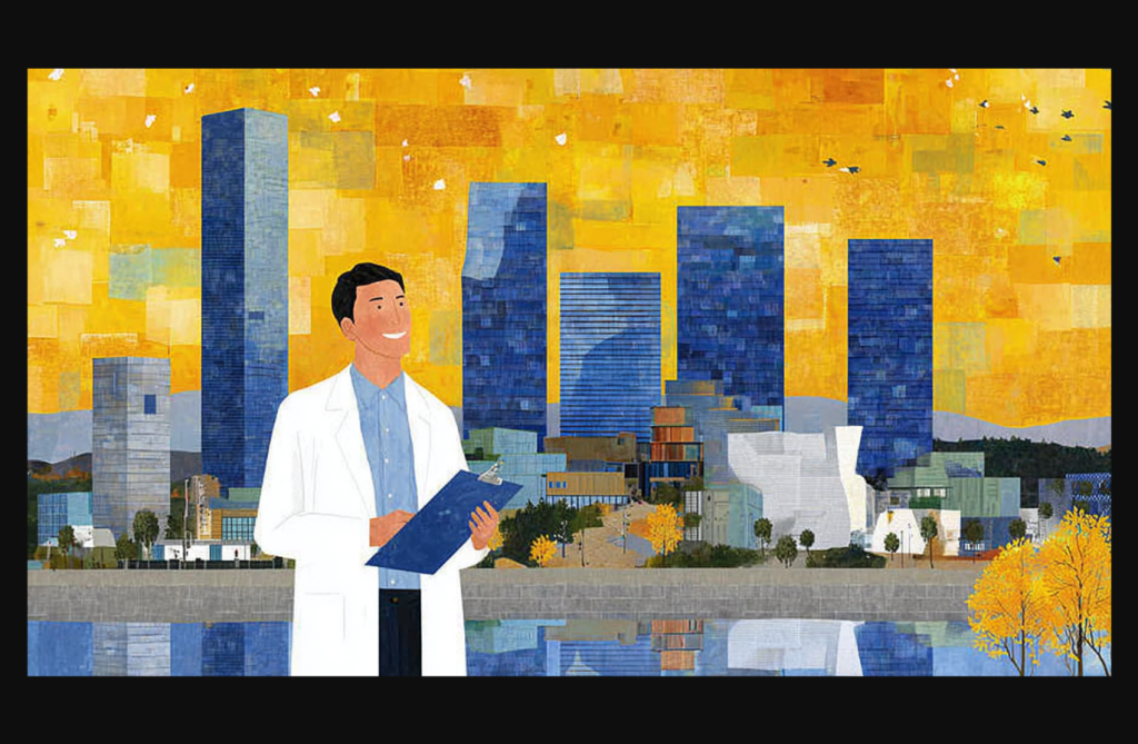 Illustration of a Korean plastic surgeon holding a checklist in front of Gangnam Seoul skyline at sunrise