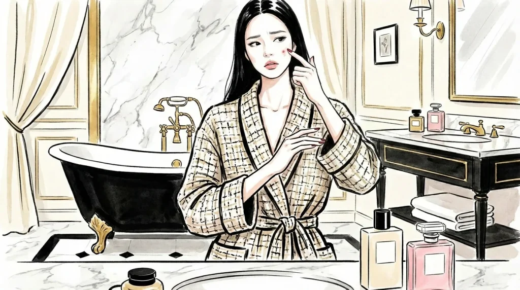 Illustration of a woman considering skin irritation after breast augmentation