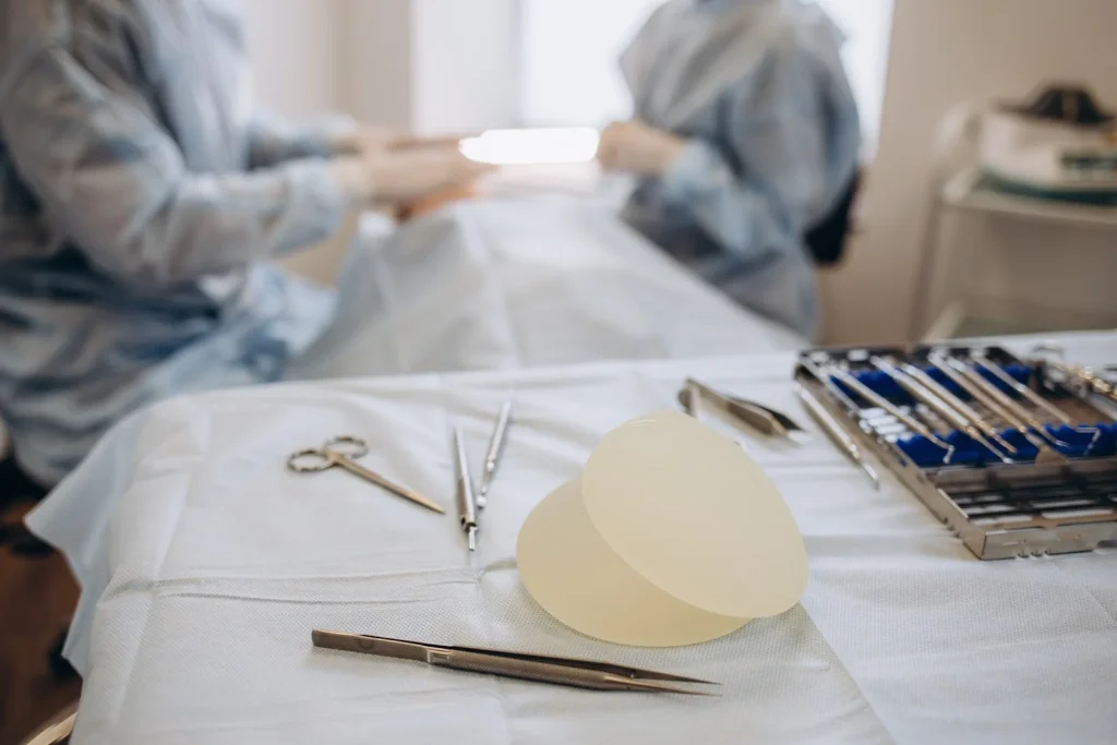 Breast implant sample on a surgical instrument table