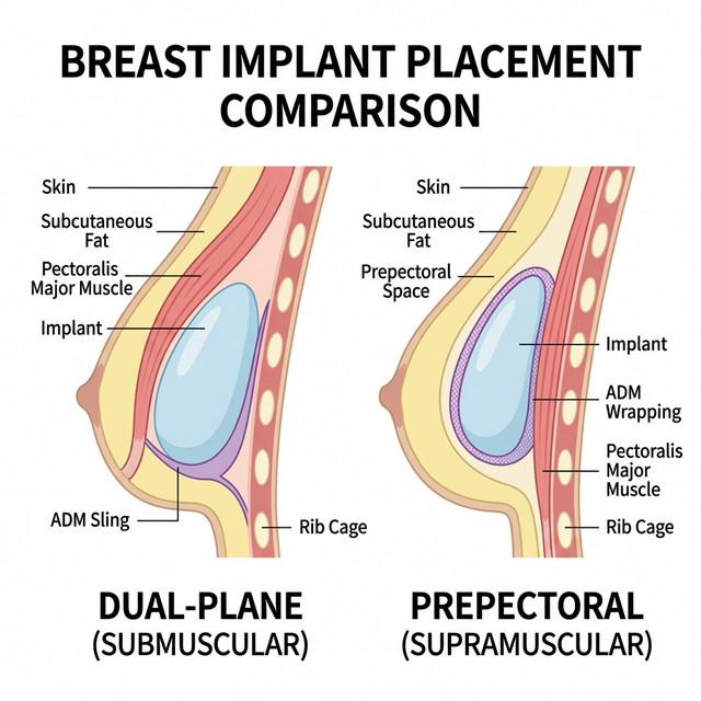 Breast implant placement comparison: dual-plane submuscular vs prepectoral supramuscular positioning for breast reconstruction