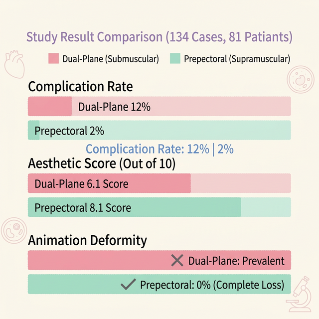 Study results comparing complication rates and aesthetic scores between submuscular and prepectoral breast reconstruction