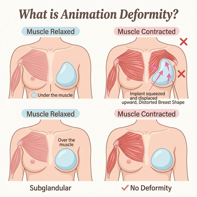 Animation deformity illustration showing breast distortion during chest muscle flexion with submuscular implant placement