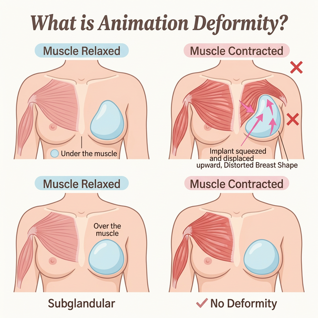 Animation deformity illustration showing breast distortion during chest muscle flexion with submuscular implant placement