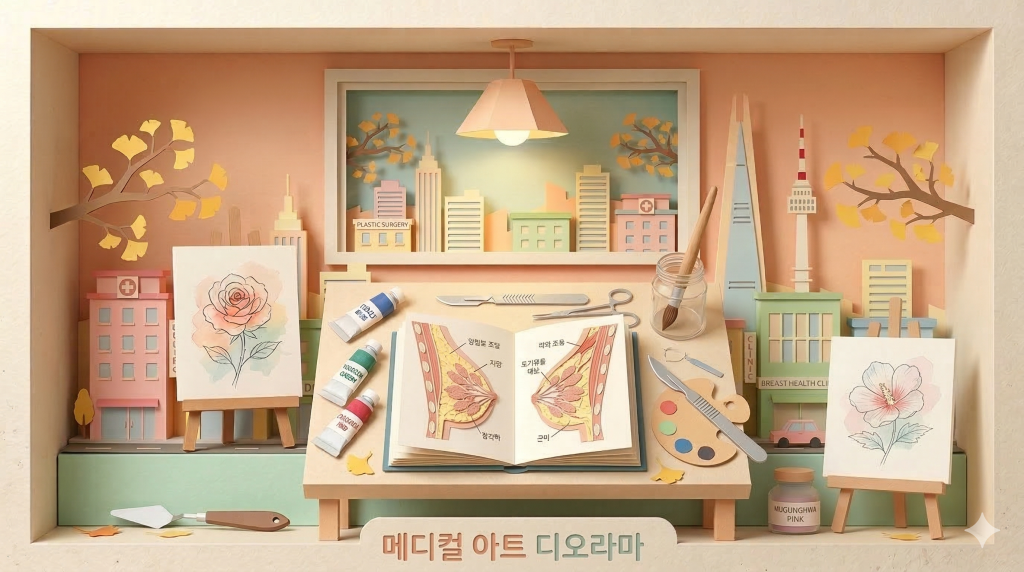 How Art Shapes My Approach to Breast Surgery - Papercraft diorama with anatomical sketches, watercolors, and art supplies