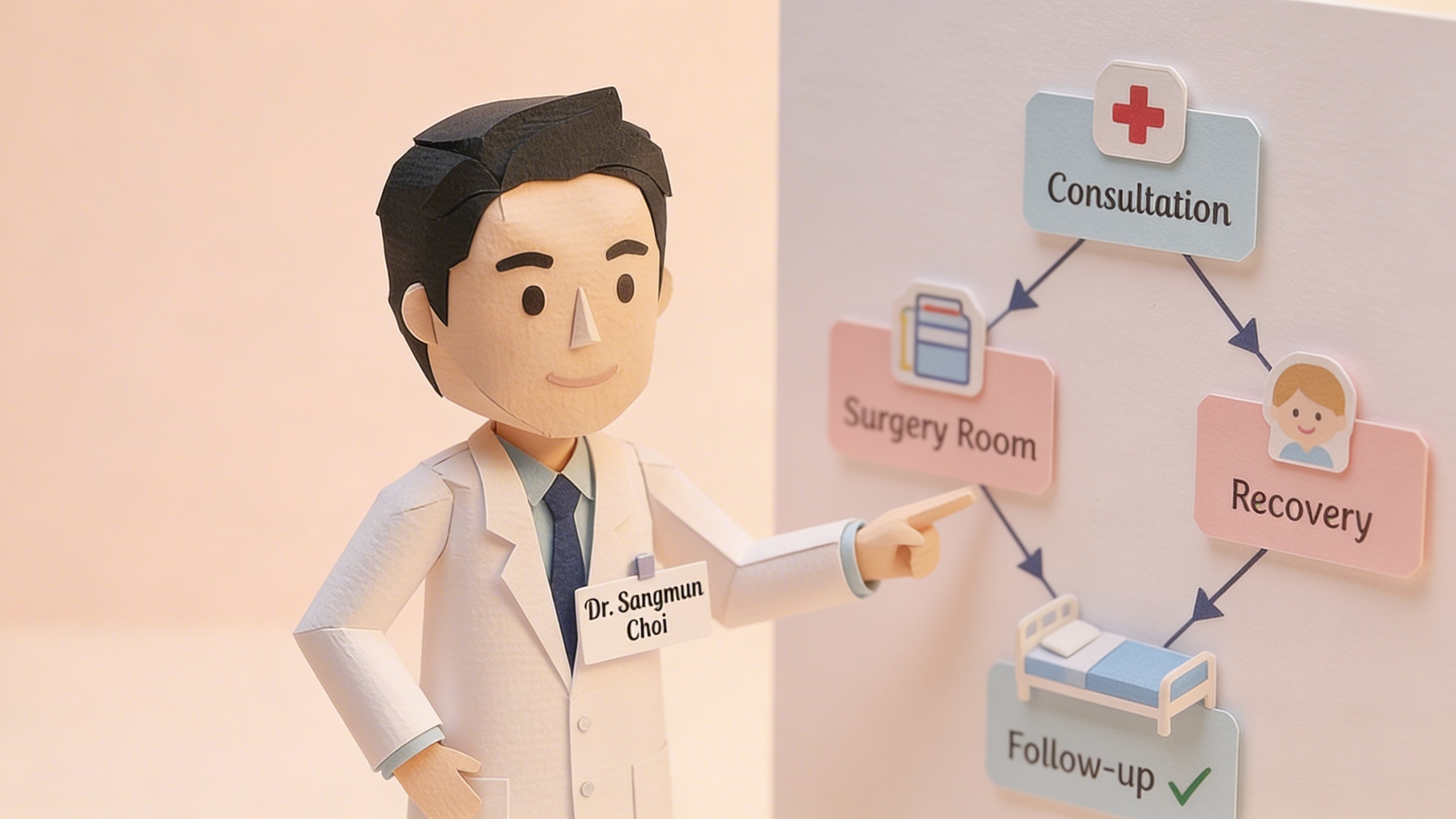 Dr Sangmun Choi explaining breast surgery safety steps - papercraft flowchart