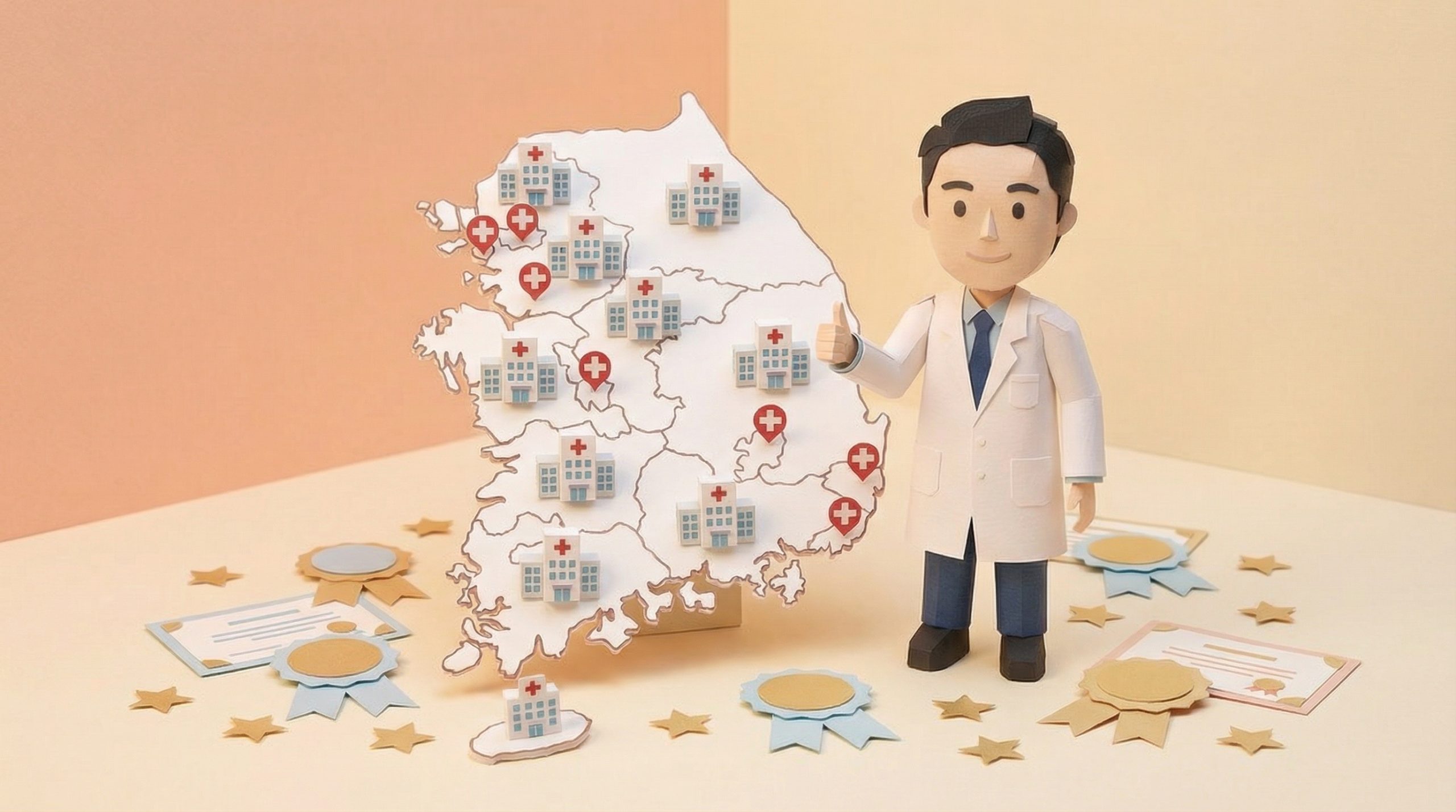 Papercraft Korea map with hospitals and medical certificates
