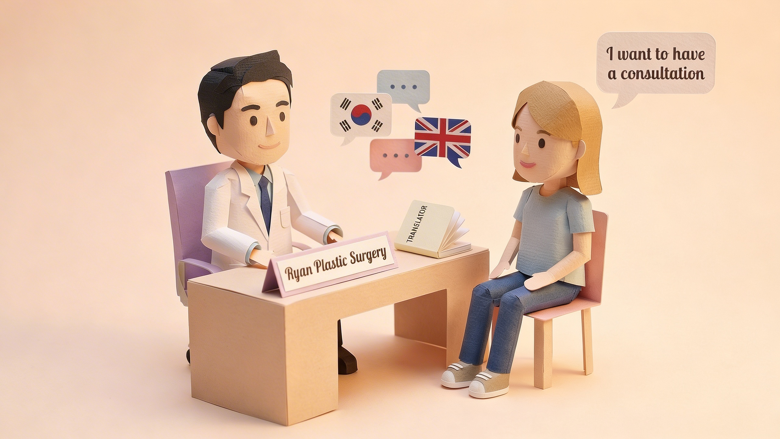 Papercraft consultation scene at Ryan Plastic Surgery with international patient