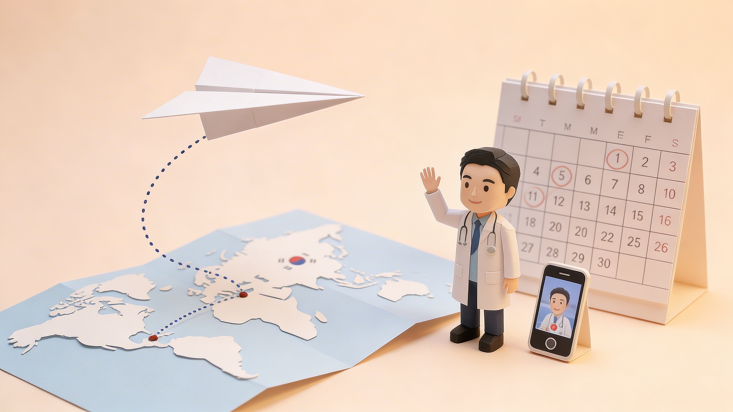 Papercraft airplane world map and doctor video call for post-surgery recovery