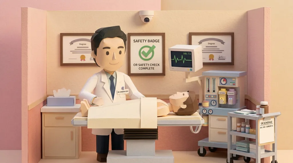 Paper craft illustration of Dr. Choi preparing a patient in an operating room with safety check and monitoring equipment