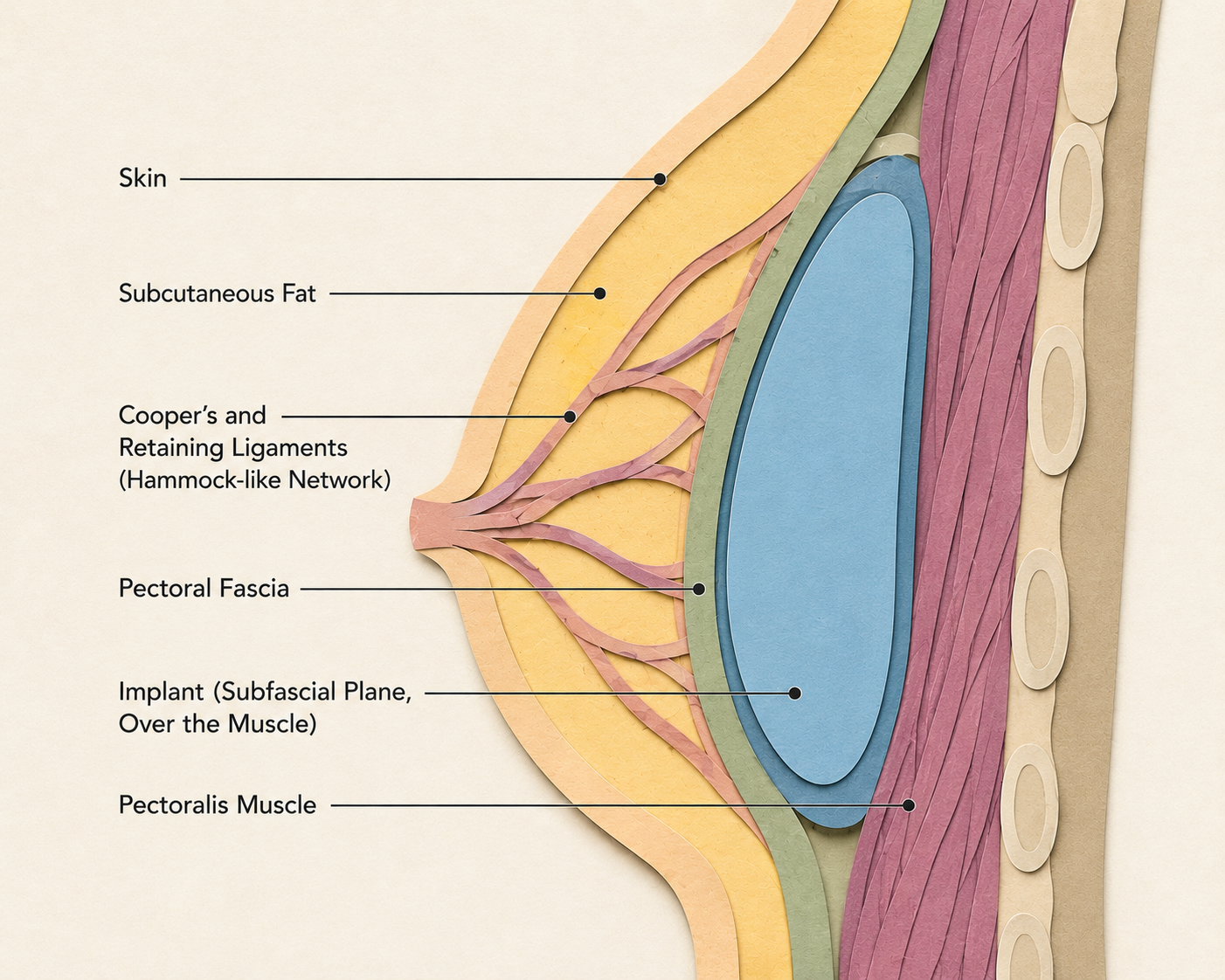 Breast implant subfascial plane anatomy illustration