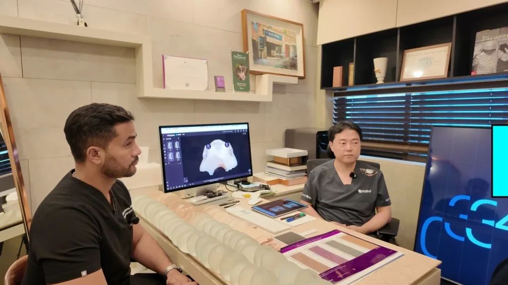 Dr. Bellamy and Dr. Choi discussing breast augmentation at a consultation desk
