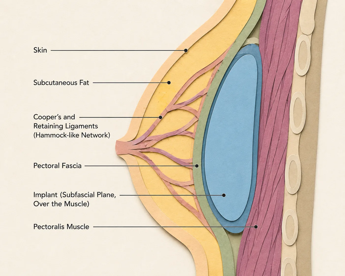 Breast implant subfascial plane anatomy illustration
