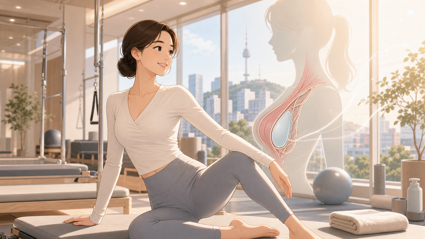 Active woman after muscle preserving breast augmentation