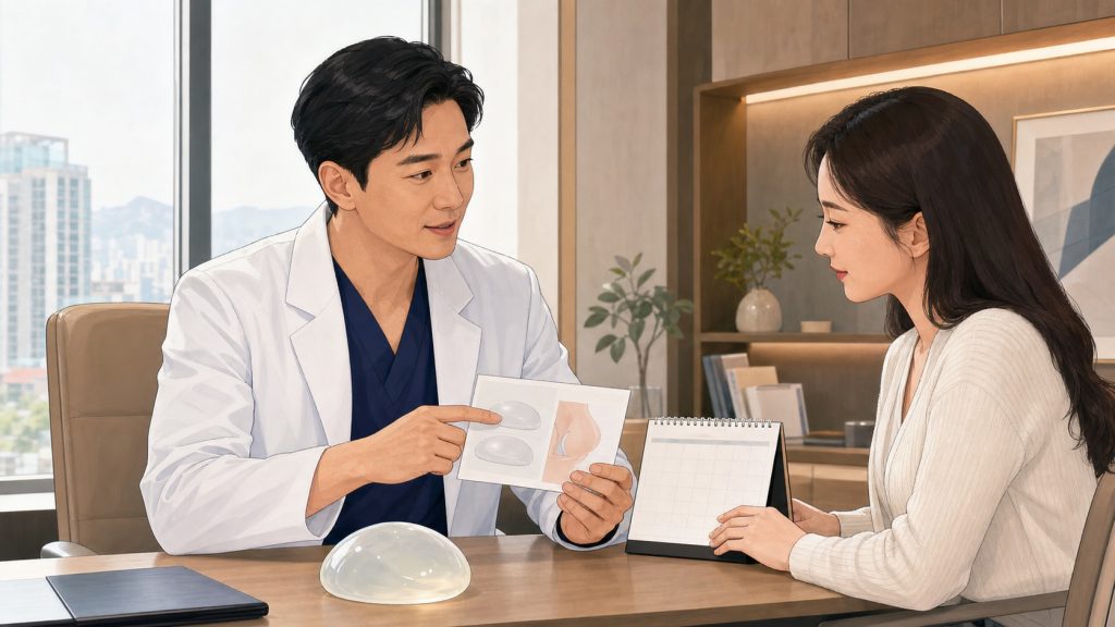 Plastic surgeon discussing long-term breast implant follow-up with a patient in Korea