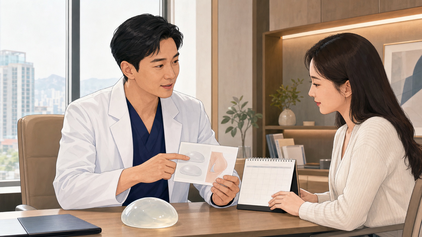 Plastic surgeon discussing long-term breast implant follow-up with a patient in Korea