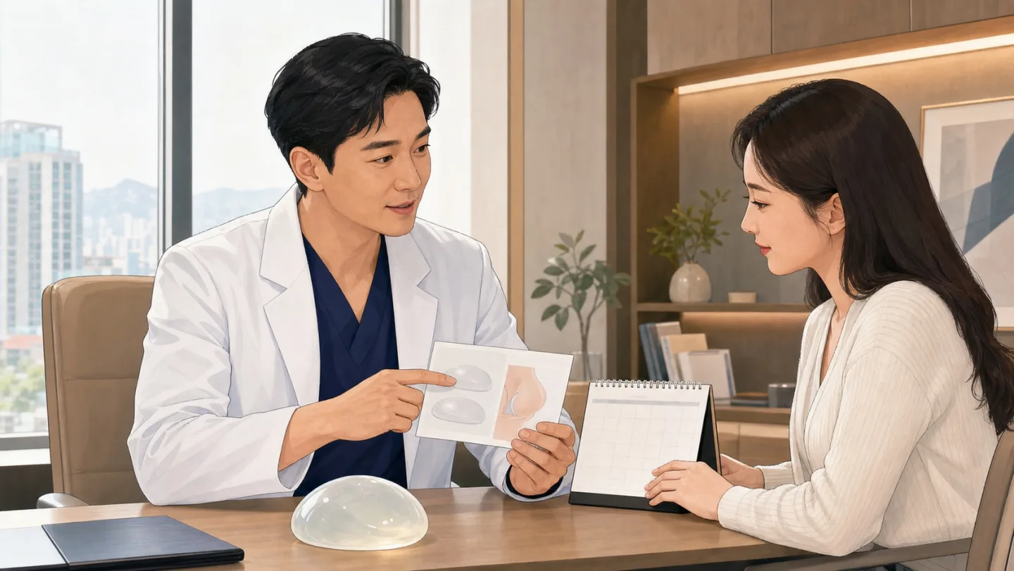 Plastic surgeon discussing long-term breast implant follow-up with a patient in Korea