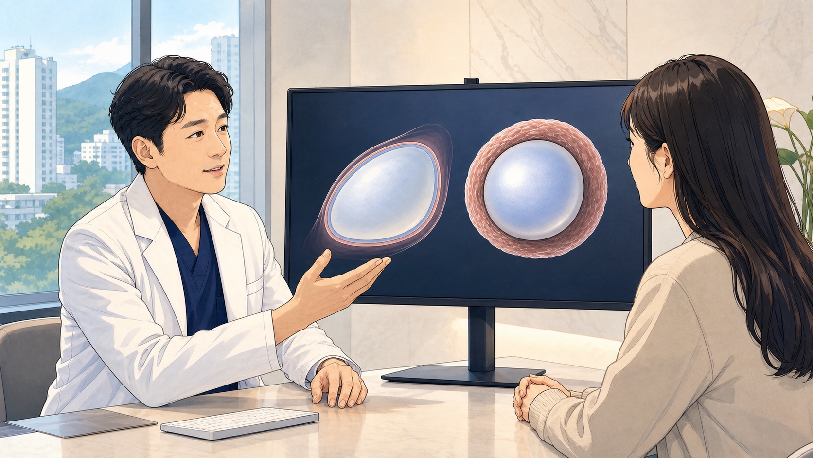 Plastic surgeon discussing capsular contracture revision with a patient in Korea