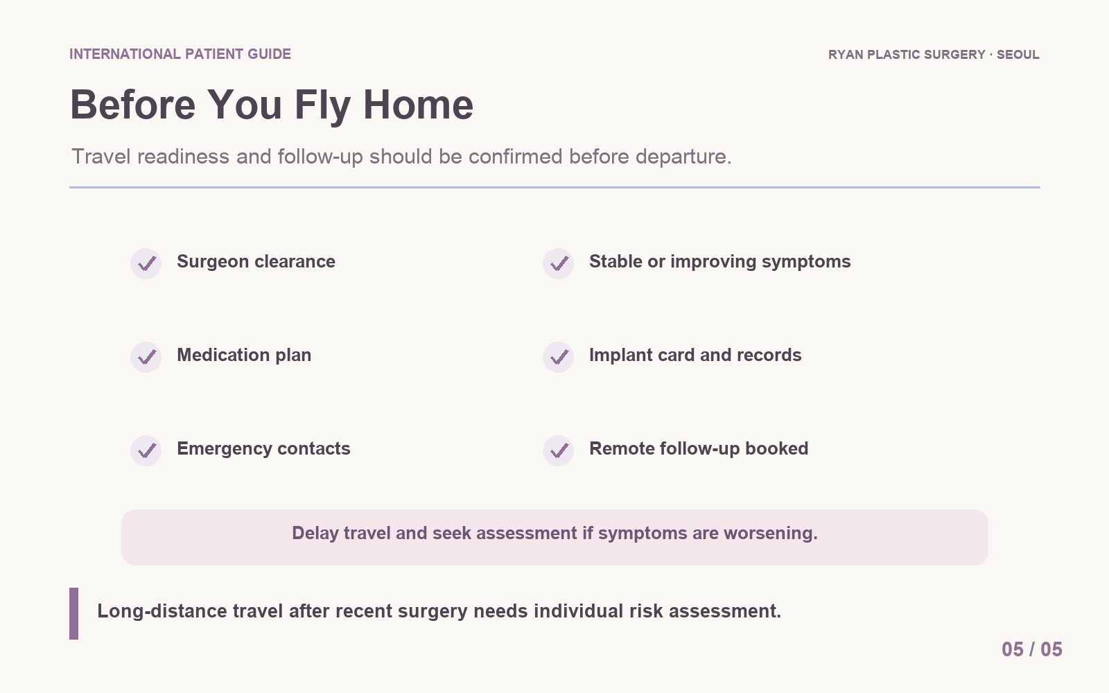 Pre-flight and remote follow-up checklist after breast augmentation in Korea