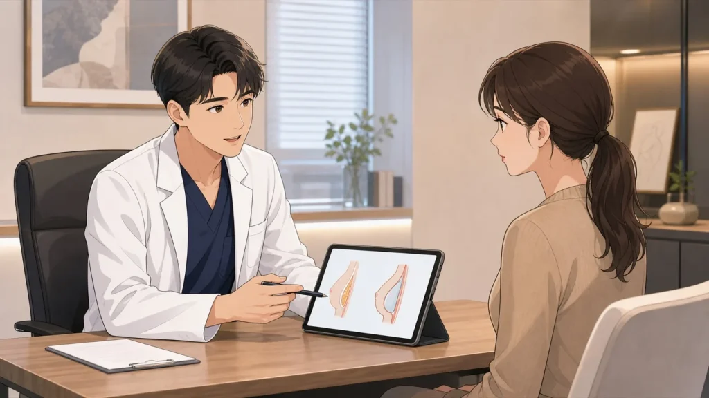 Breast augmentation Korea active women consultation anime illustration