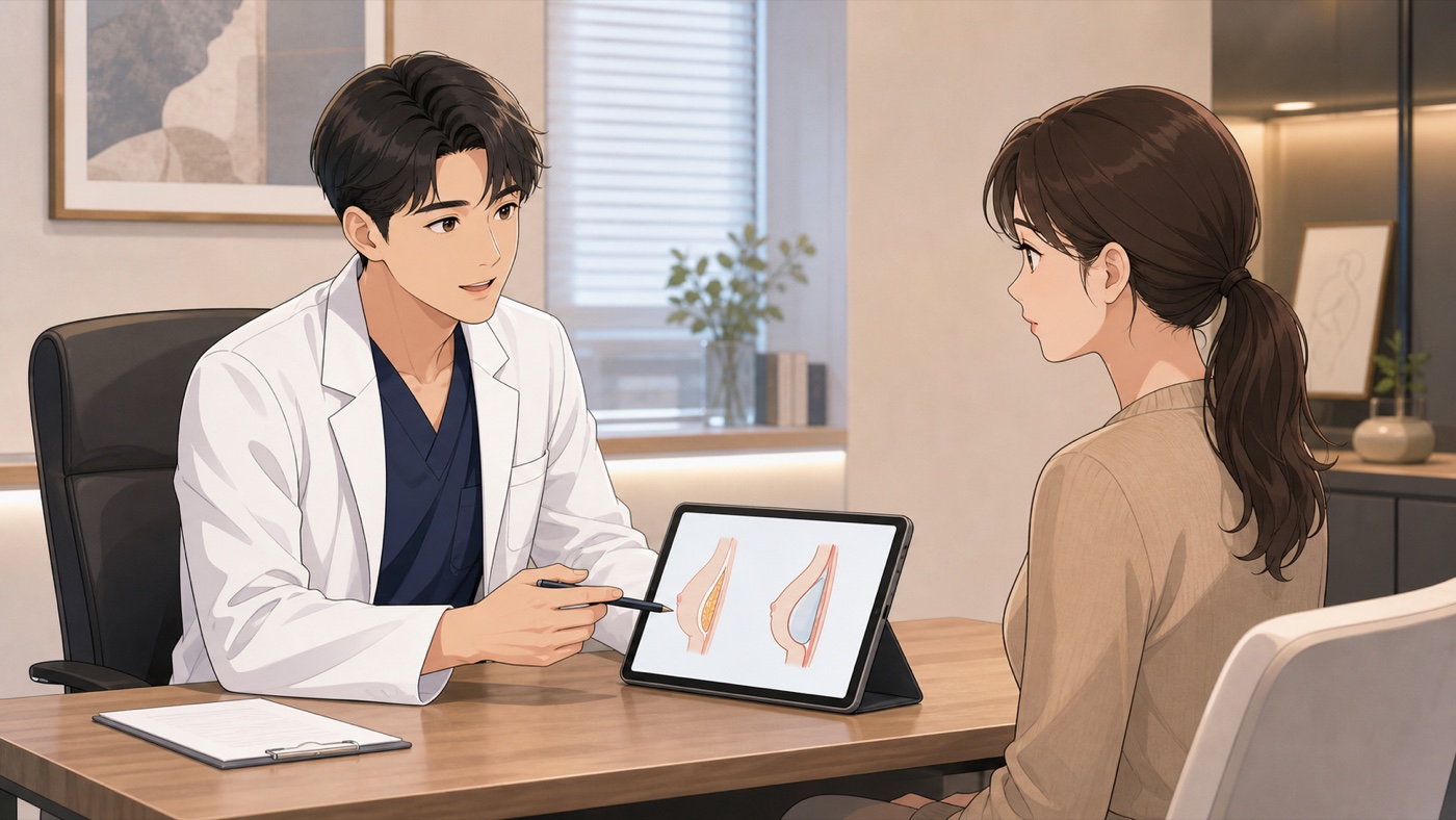 Breast augmentation Korea active women consultation anime illustration