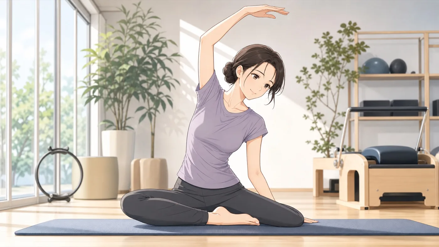 Active woman Pilates after breast augmentation recovery anime illustration