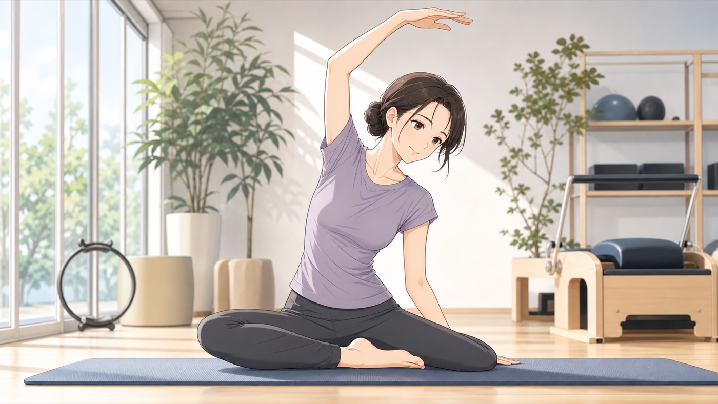 Active woman Pilates after breast augmentation recovery anime illustration