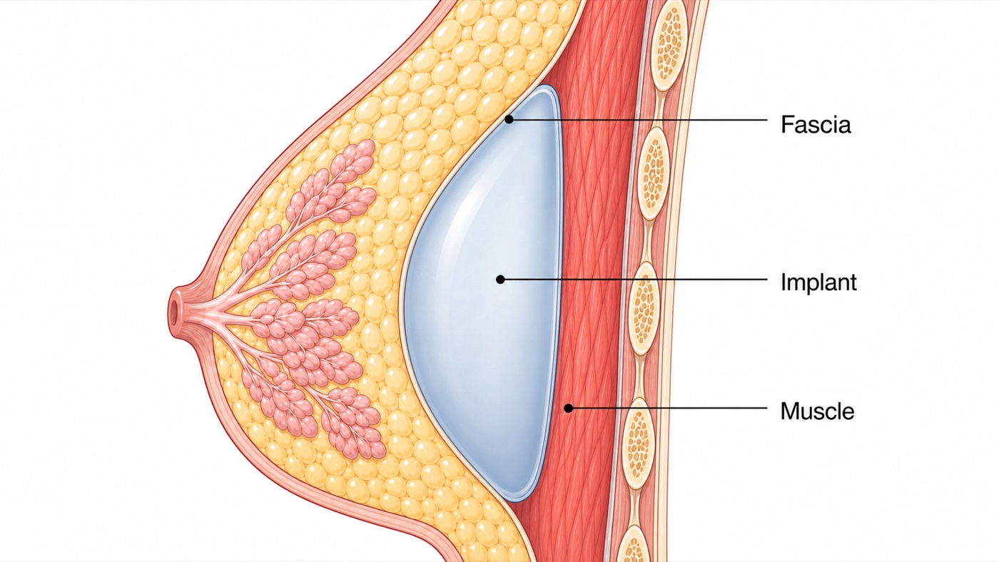 Subfascial breast implant anatomy with one fascia layer anime illustration