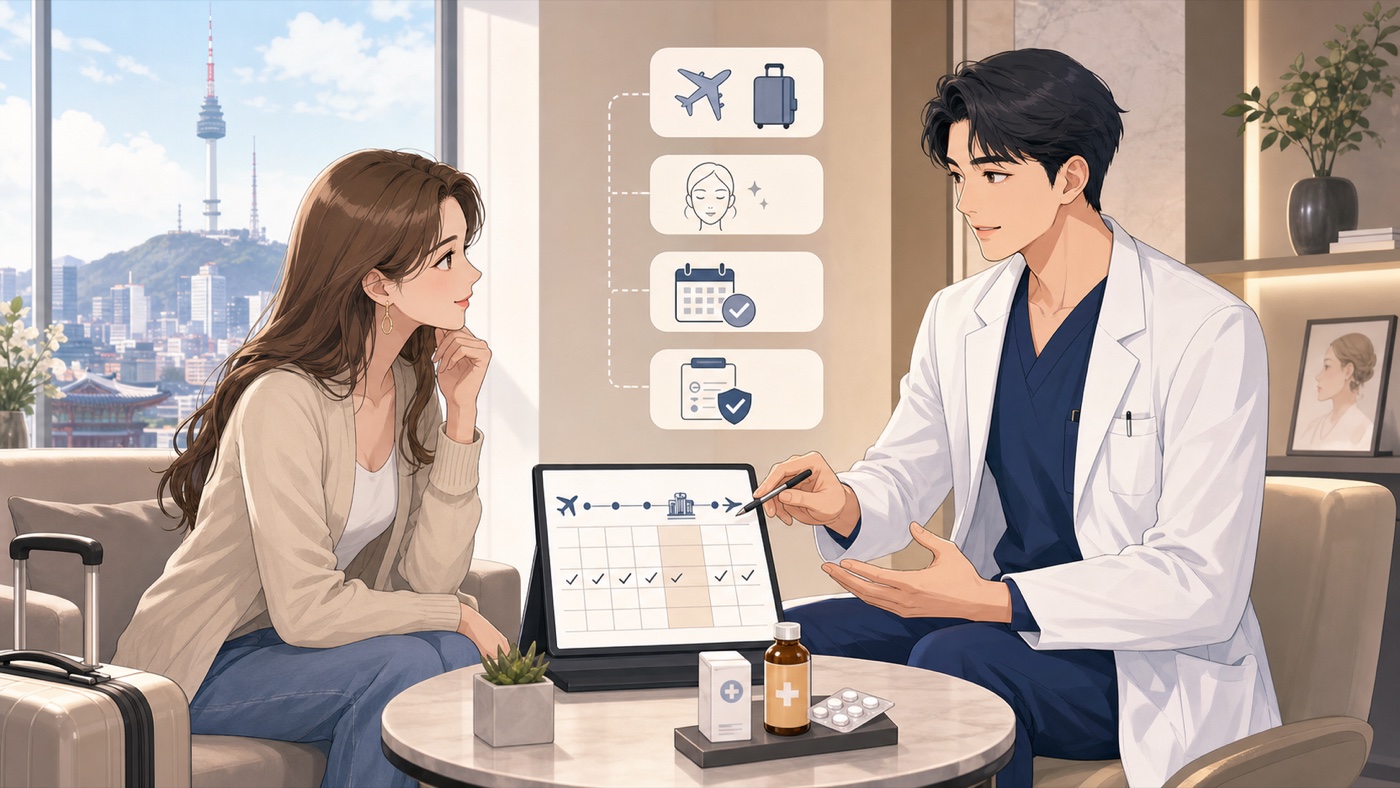 International active woman planning breast augmentation in Korea with a male doctor anime illustration