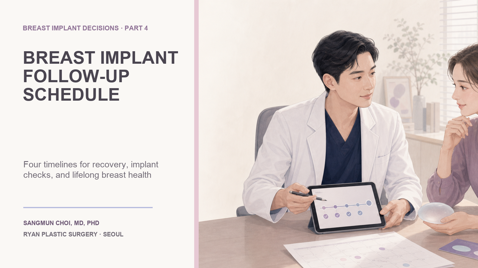 Male plastic surgeon in Seoul reviewing a breast implant follow-up schedule with an international patient