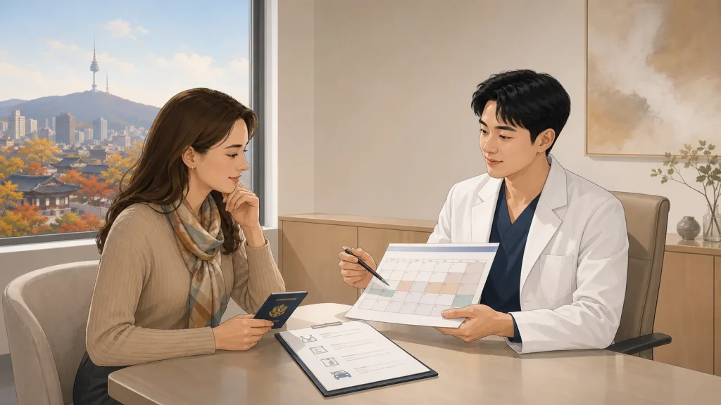 International patient planning fall breast surgery in Seoul with a male plastic surgeon and a calendar