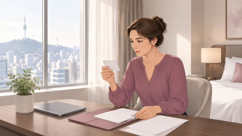 International patient organizing a breast implant card and surgery records after breast augmentation in Seoul