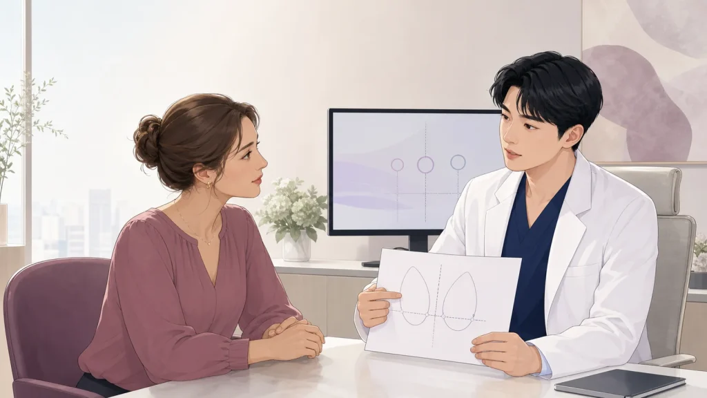 Breast implant malposition signs discussed by an international patient and a male plastic surgeon in Seoul