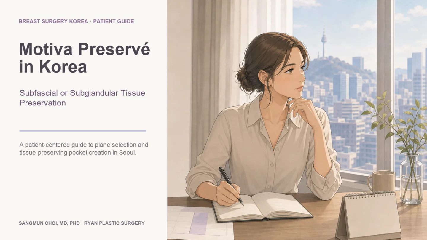 Animation-style scene of an international patient thoughtfully planning Motiva Preservé breast augmentation in Korea
