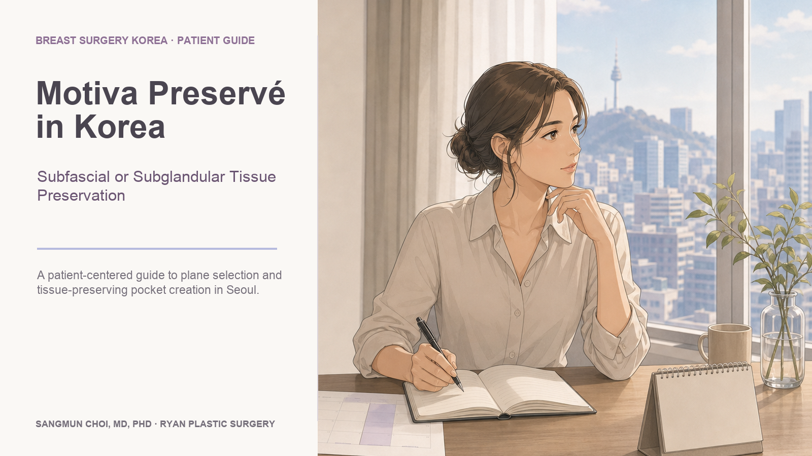 Animation-style scene of an international patient thoughtfully planning Motiva Preservé breast augmentation in Korea