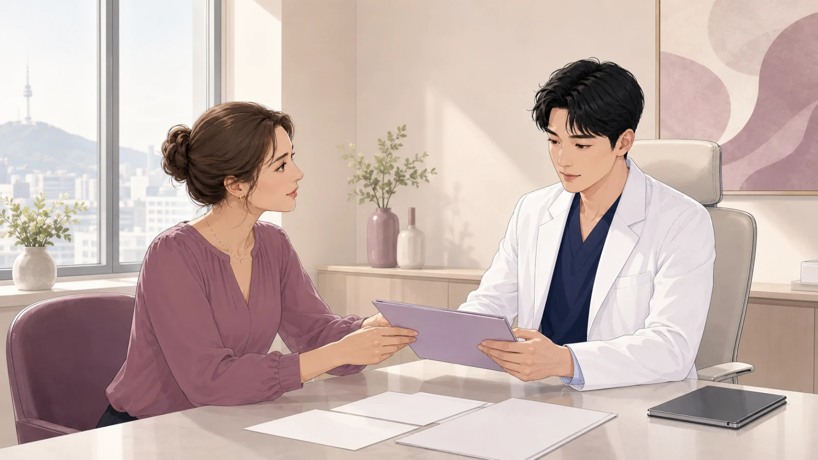 International patient and a male plastic surgeon in Seoul reviewing breast implant records before revision surgery