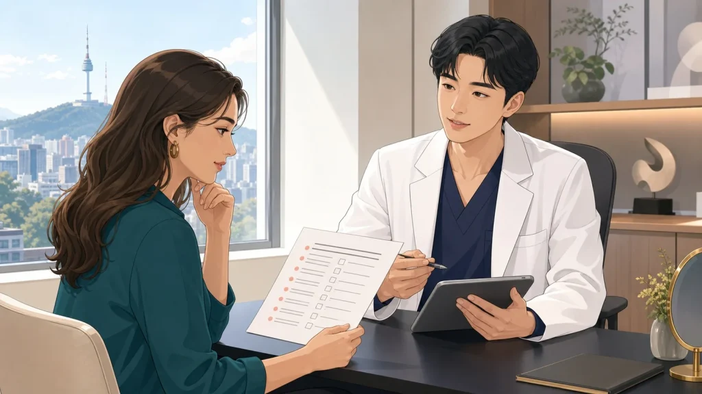 International patient comparing a surgeon-selection checklist with a male plastic surgeon in Seoul