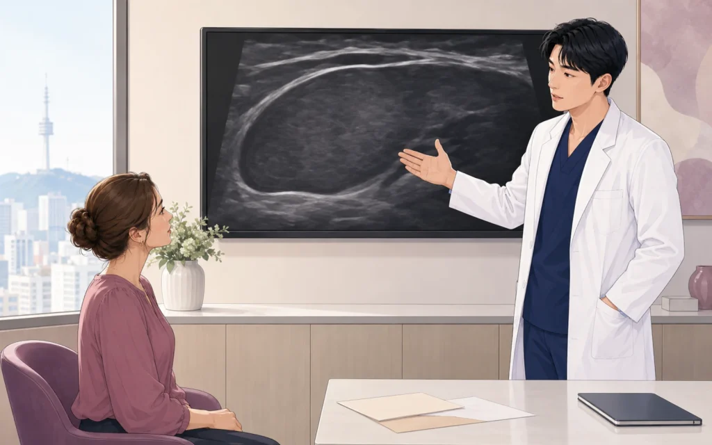 Illustration of a male plastic surgeon discussing breast implant ultrasound imaging with a patient
