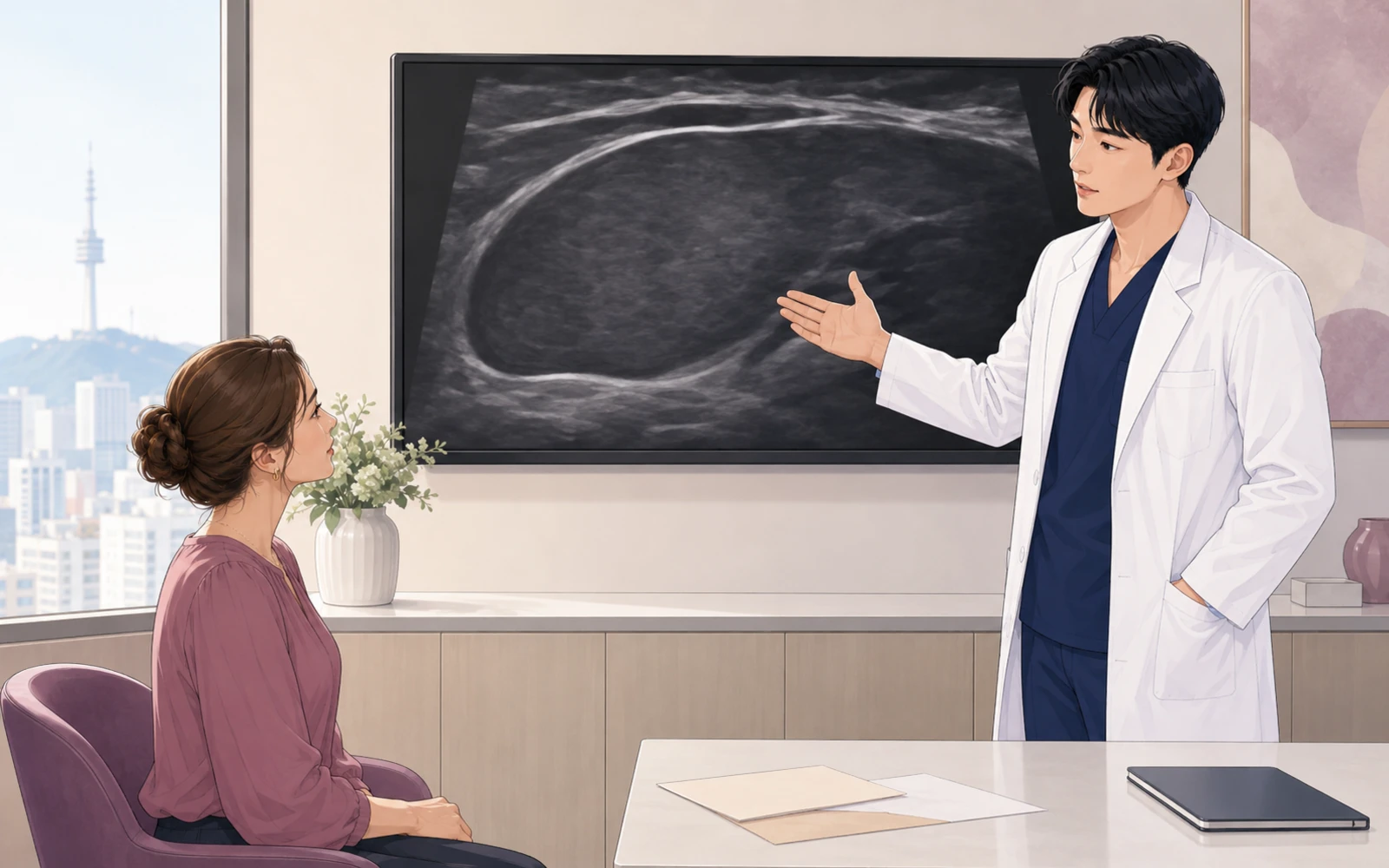 Plastic surgeon in Seoul reviewing breast implant ultrasound and MRI images with an international revision patient