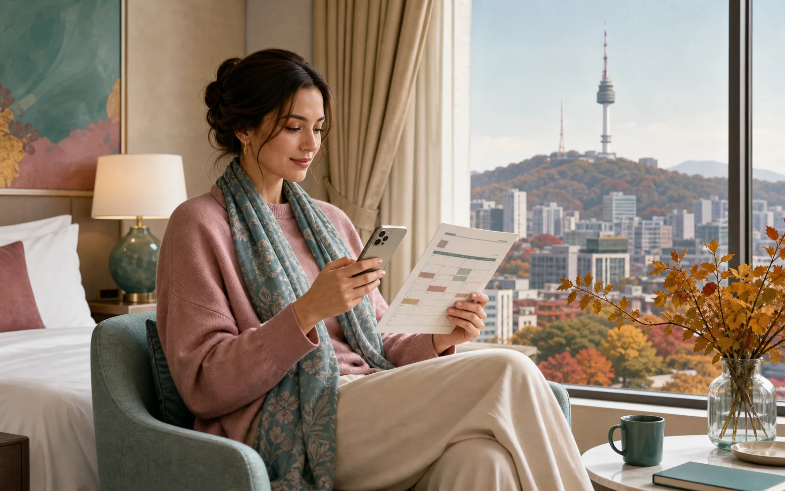 International patient reviewing a recovery calendar during a fall stay in Seoul
