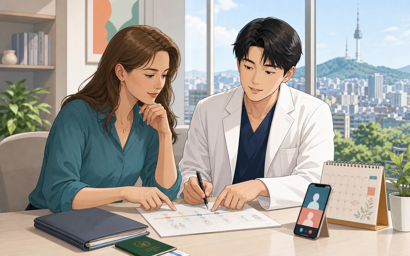 International patient and male plastic surgeon planning recovery and overseas follow-up in Seoul