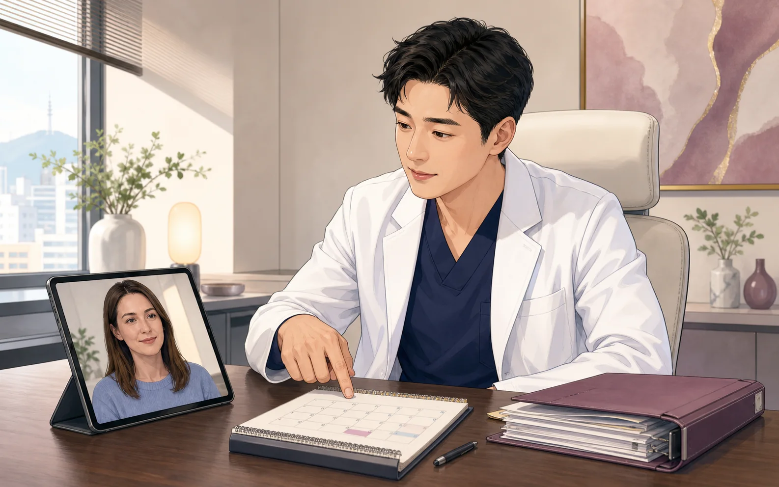 Male plastic surgeon in Seoul organizing remote follow-up and records for an international breast surgery patient