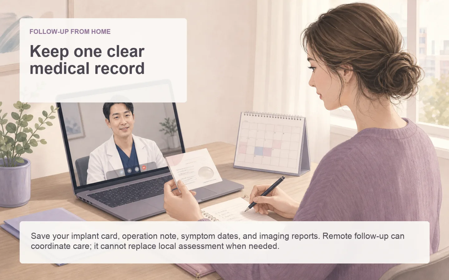 International breast augmentation patient organizing her implant card and medical records during a remote follow-up call with a male surgeon in Seoul