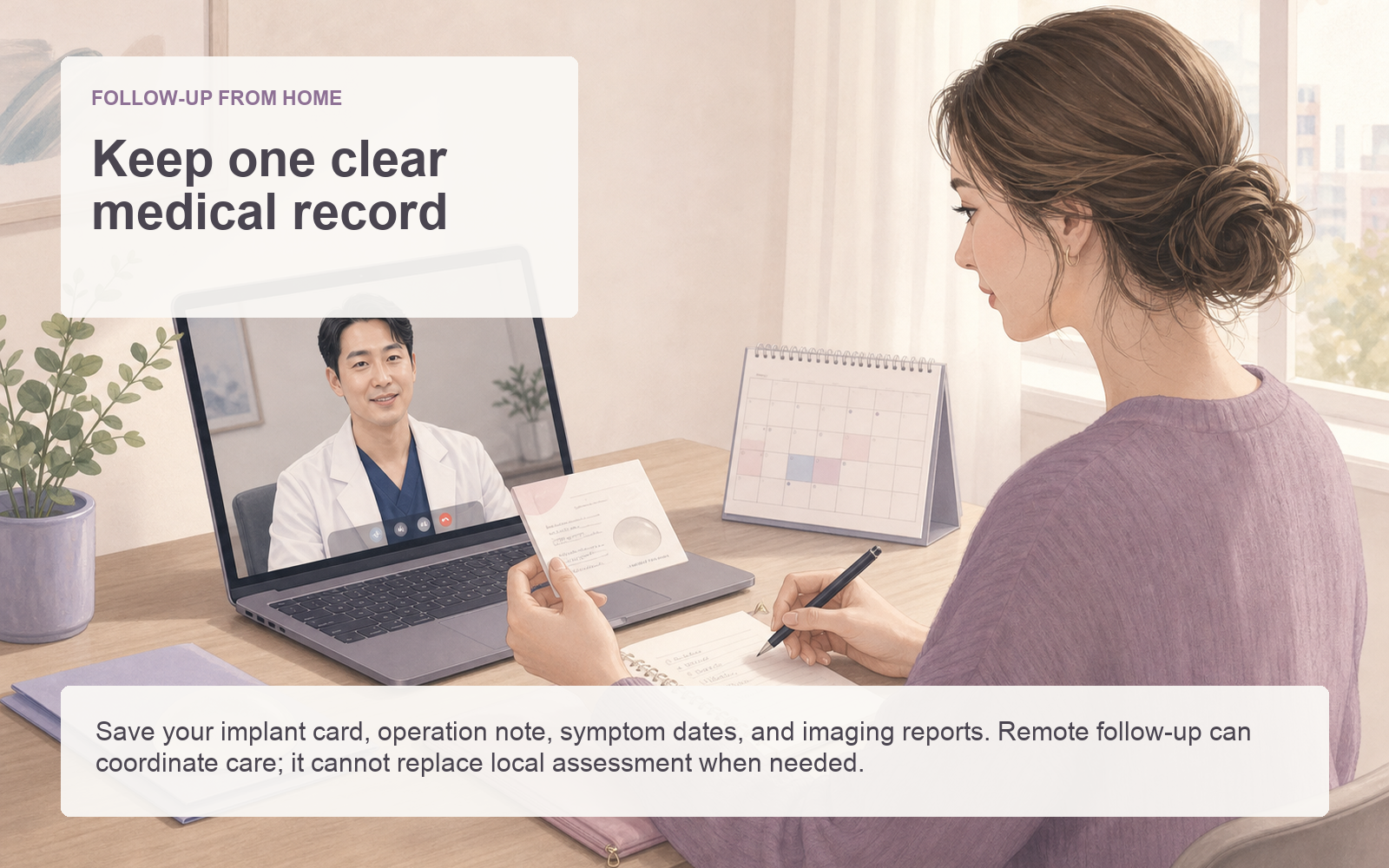 International breast augmentation patient organizing her implant card and medical records during a remote follow-up call with a male surgeon in Seoul