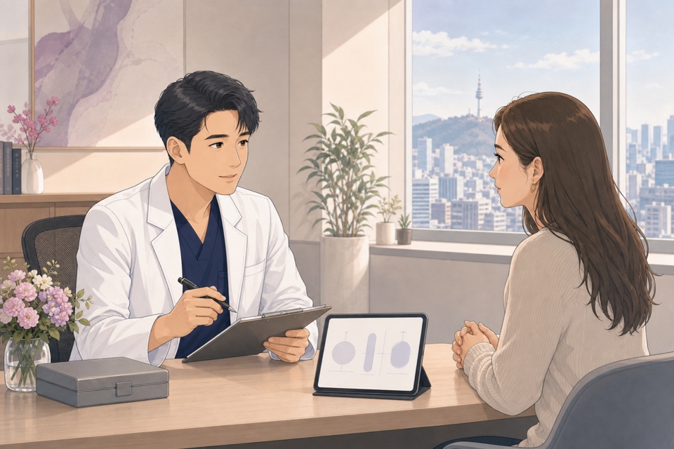 Consultation scene about subfascial or subglandular Motiva Preservé planning with a male Korean plastic surgeon