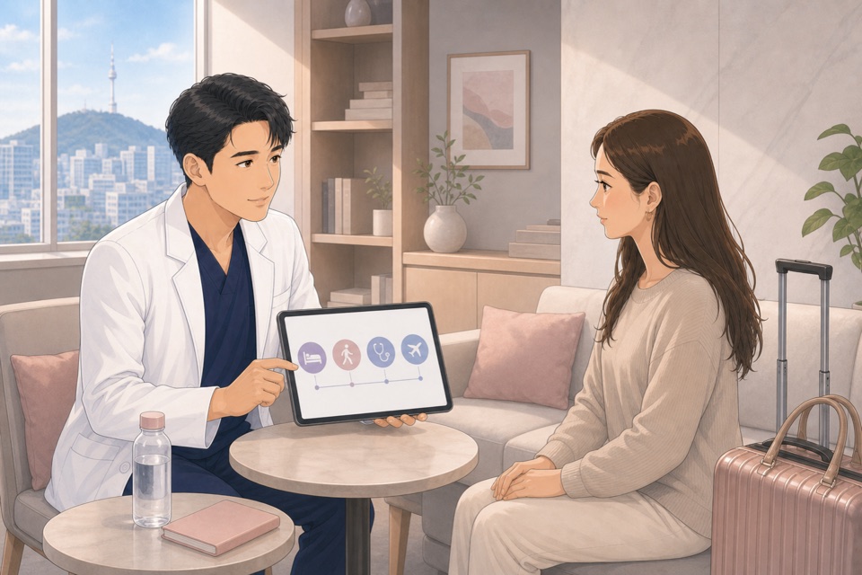 Recovery scene with a male Korean plastic surgeon reviewing early follow-up and travel timing with an international patient