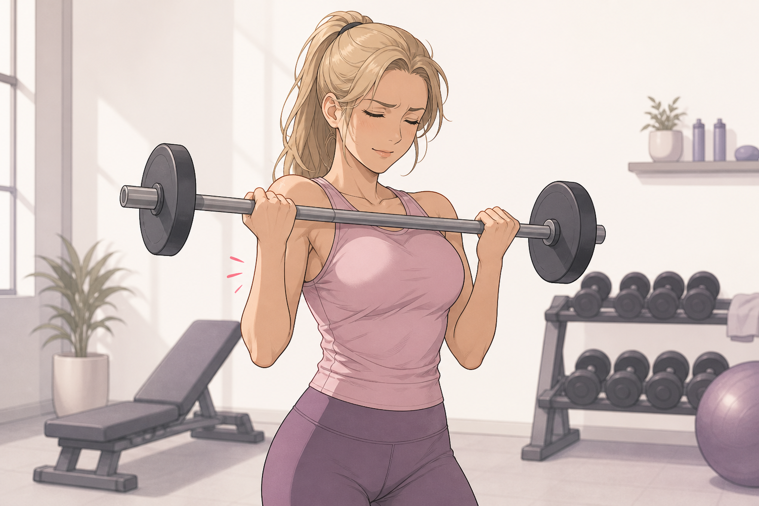 Illustration of an athletic woman lifting a barbell, her old submuscular breast implants interfering with the movement