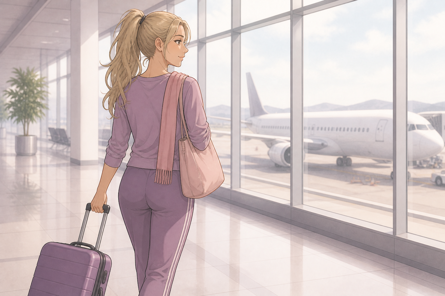 Illustration of a woman with a suitcase at the airport, traveling from the United States to Seoul for breast implant revision