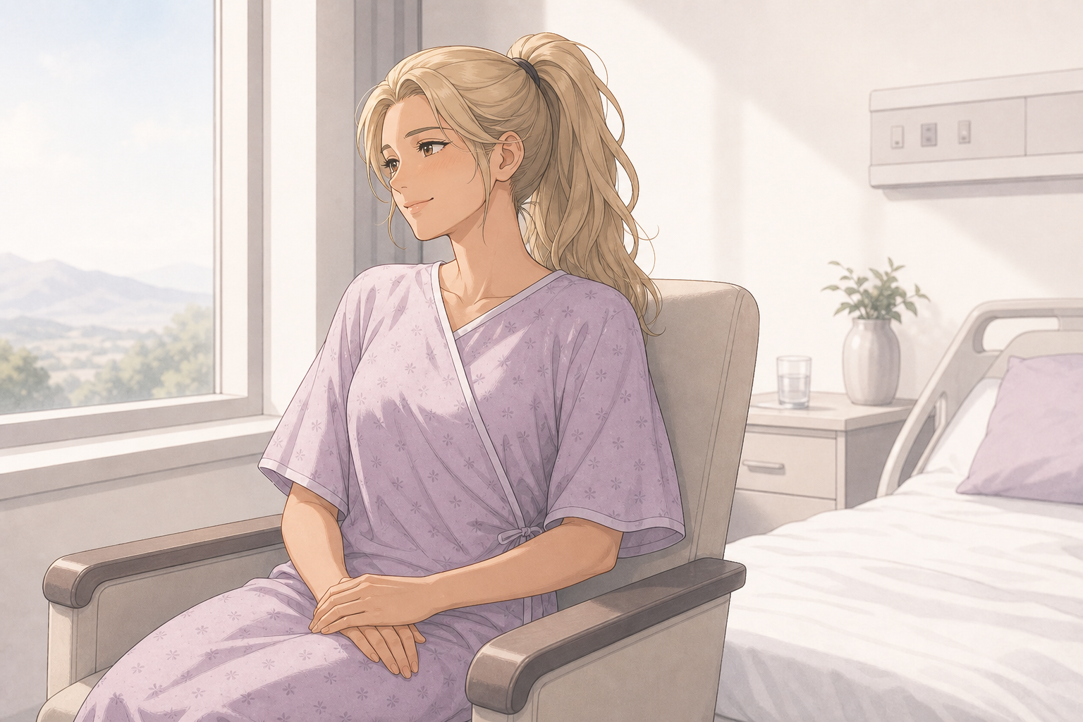 Illustration of a patient resting comfortably by the window of a recovery room after breast implant revision